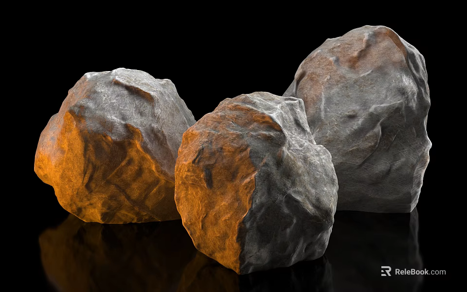 Three Natural Stone Decorative Pieces with Wood Accent and Rough Surface Texture 3d model 