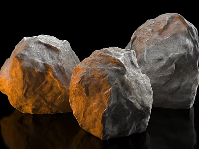 Three Natural Stone Decorative Pieces with Wood Accent and Rough Surface Texture 3d model