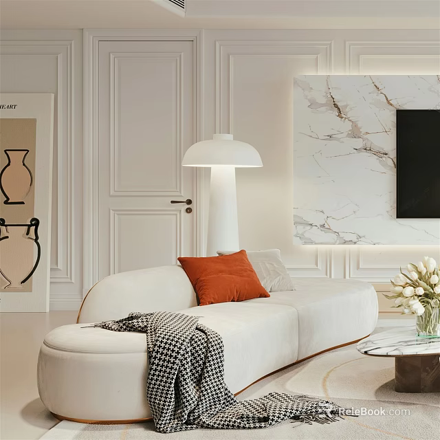 Modern Minimalist Living Room With White Sofa Orange Cushion Floor Lamp And Marble Accent Wall 3d model 