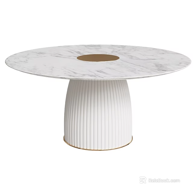 Modern Round Marble Dining Table With White Ribbed Base And Gold Trim 3d model