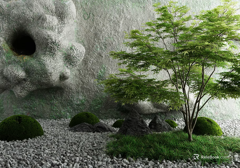 Garden Decor With Moss Covered Stone Wall Green Tree Small Shrubs And Gravel Ground 3d model 