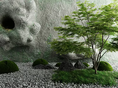 Garden Decor With Moss Covered Stone Wall Green Tree Small Shrubs And Gravel Ground 3d model
