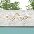 Modern Landscape Feature Wall Marble with Gold Wavy Accents Green Trees and Water Reflection