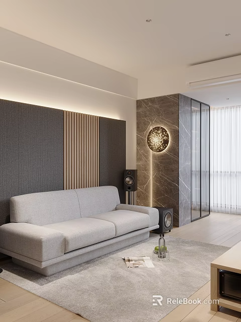 Modern Living Room Interior With Gray Sofa Marble Wall And Circular Wall Lamp 3d model 