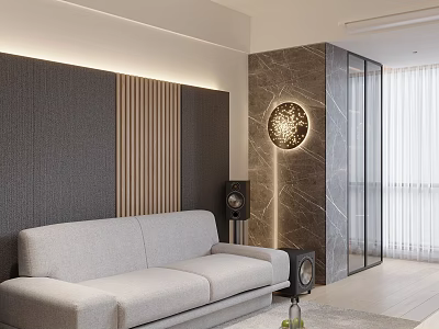 Modern Living Room Interior With Gray Sofa Marble Wall And Circular Wall Lamp 3d model