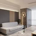 Modern Living Room Interior With Gray Sofa Marble Wall And Circular Wall Lamp