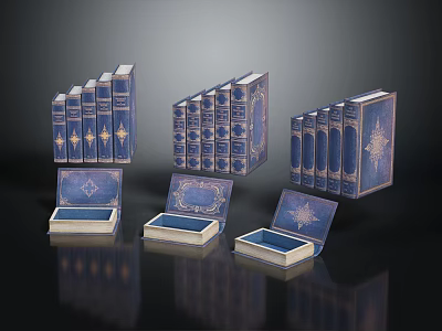 Blue Decorative Books With Gold Patterns On Covers Stacked And Open 3d model