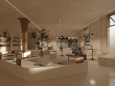 Modern Minimalist Milk Tea Shop Interior Design With Curved Seating Wooden Decor And Green Plants 3d model