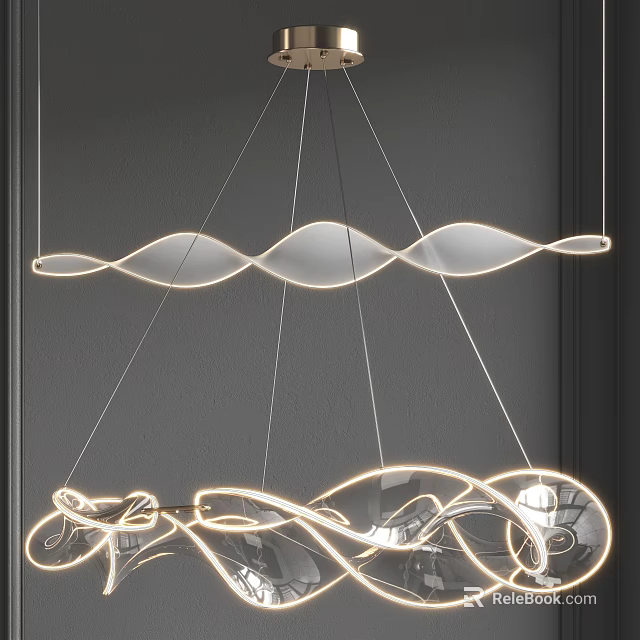 Modern Wave Shaped Chandelier With Curved Glowing LED Lines Interior Design 3d model 