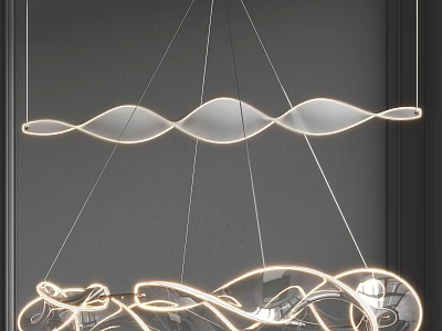 Modern Wave Shaped Chandelier With Curved Glowing LED Lines Interior Design 3d model