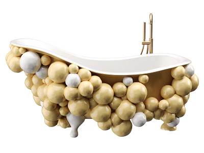 Unique White Bathtub With Golden Faucet And Yellow White Spherical Decorations 3d model