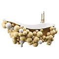 Unique White Bathtub With Golden Faucet And Yellow White Spherical Decorations