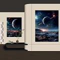 Modern Interior Decor With Space Themed Wall Paintings Featuring Planets And Nebulae