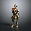 Creature Warrior Character In Tactical Combat Gear Holding Rifle And Helmet