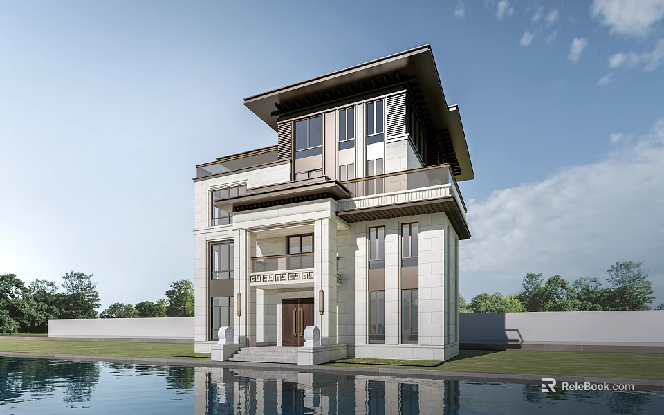 Elegant Detached Villa Exterior With Swimming Pool Large Windows And Green Trees 3d model 