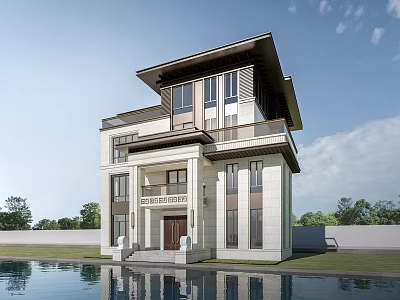 Elegant Detached Villa Exterior With Swimming Pool Large Windows And Green Trees 3d model