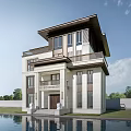 Elegant Detached Villa Exterior With Swimming Pool Large Windows And Green Trees