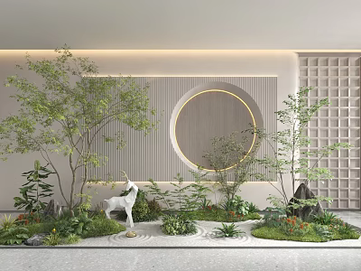 Garden Ornament Design With Lush Green Plants White Deer Statue Circular Wall And Stone Features 3d model