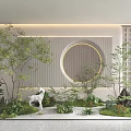 Garden Ornament Design With Lush Green Plants White Deer Statue Circular Wall And Stone Features
