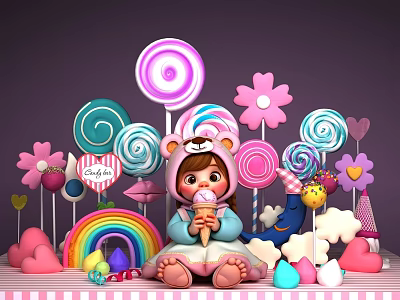 Girl Sitting On Pink White Striped Table With Colorful Lollipops Flowers Rainbow And Ice Cream 3d model