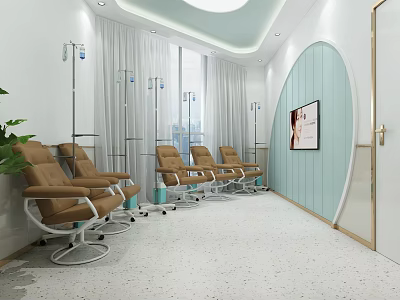 Hospital Outpatient Infusion Area With Brown Chairs IV Stands TV And Light Blue Walls 3d model