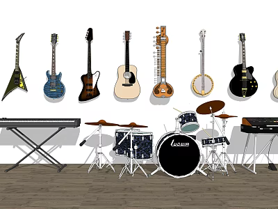 Various Musical Instruments And Art Supplies Display With Guitars Keyboards And Drum Sets 3d model