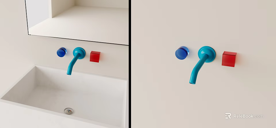 Blue Bathroom Faucet With Red And Blue Controls On White Countertop 3d model 