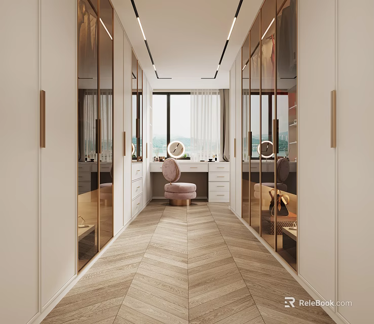 Modern Luxurious Walk In Closet With Glass Wardrobes And Pink Chair 3d model 