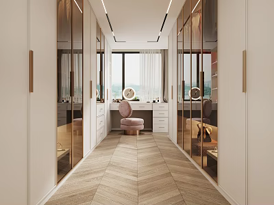 Modern Luxurious Walk In Closet With Glass Wardrobes And Pink Chair 3d model