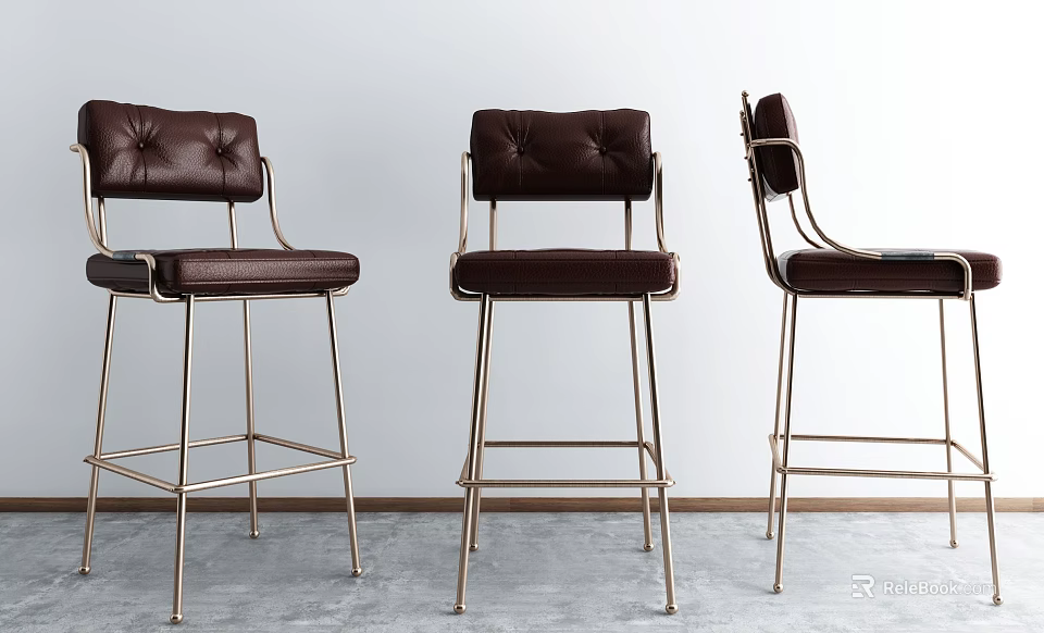 Three Modern Brown Leather Bar Stools With Metal Frame Design 3d model
