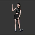 Woman In Plaid Top And Black Skirt Waving With Blue Shoes
