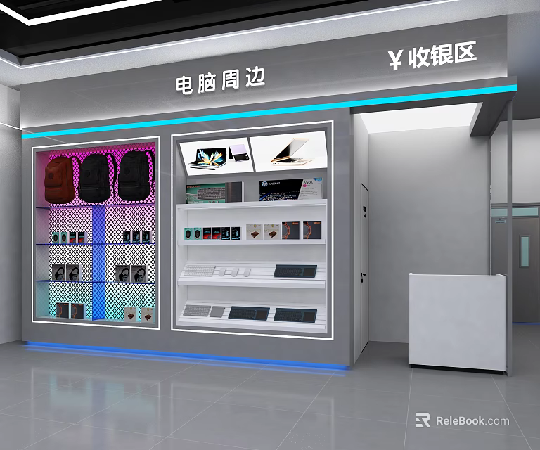 Retail Store Display Shelves With Computer Peripherals And Cashier Area 3d model