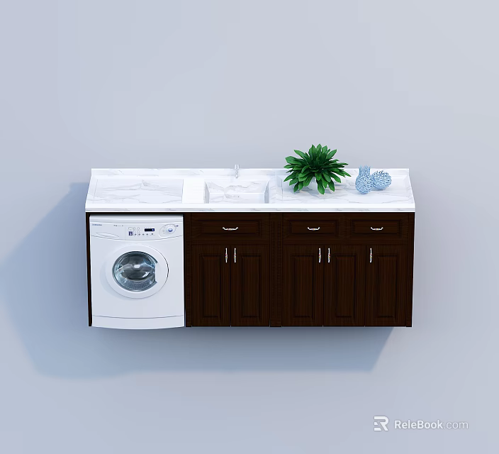 Elegant Modern Washbasin Countertop with Washing Machine Green Plant and Wooden Cabinets 3d model 