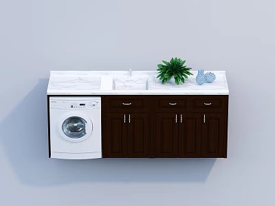 Elegant Modern Washbasin Countertop with Washing Machine Green Plant and Wooden Cabinets 3d model