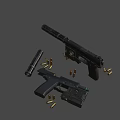 Black Tactical Pistol With Magazine And Bullets On Dark Background