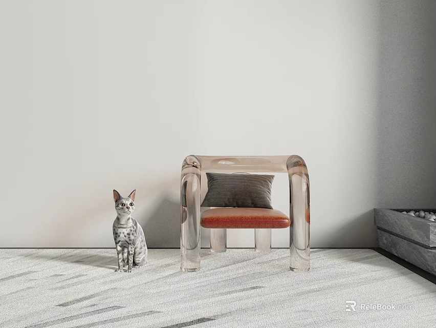 Transparent Acrylic Accent Chair With Brown Cushion And Cat In Minimalist Interior Space 3d model 