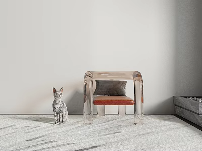 Transparent Acrylic Accent Chair With Brown Cushion And Cat In Minimalist Interior Space 3d model