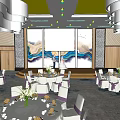 Elegant Banquet Hall With Round Tables White Tablecloths Purple Chair Sashes Chandeliers And Dance Floor