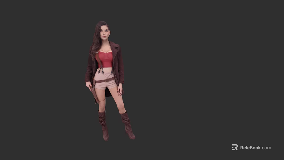 Game Movie Female Character Wearing Red Top Brown Jacket Beige Shorts Brown Boots Holding Gun 3d model 