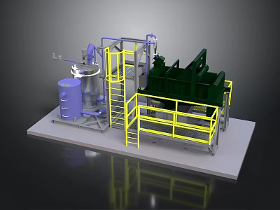 Industrial Processing Equipment Setup With Blue Tank Yellow Railings And Green Unit 3d model