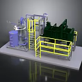 Industrial Processing Equipment Setup With Blue Tank Yellow Railings And Green Unit