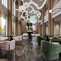 Modern Hotel Lobby With Stylish Chandelier Green Plants Comfortable Sofas And Marble Coffee Table