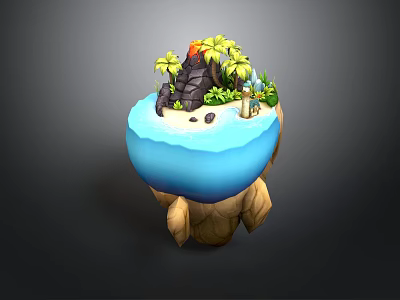 Tropical Island Scene With Volcano Palm Trees Lighthouse Blue Water And Rock Base 3d model