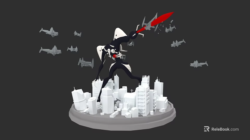 Black And White Game Movie Character Holding Red Sword On City Model With Airplane Silhouettes 3d model 