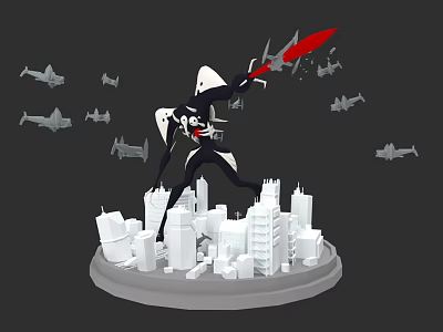 Black And White Game Movie Character Holding Red Sword On City Model With Airplane Silhouettes 3d model