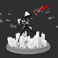 Black And White Game Movie Character Holding Red Sword On City Model With Airplane Silhouettes