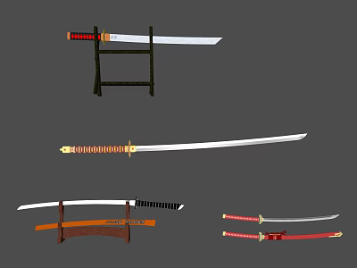 Decorative Sword Ornament Set With Wooden Stands And Various Designs For Home Decor 3d model