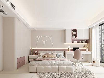 Modern Kids Room Interior With Bed Stuffed Toys Bear Wall Decal Desk And Chair 3d model