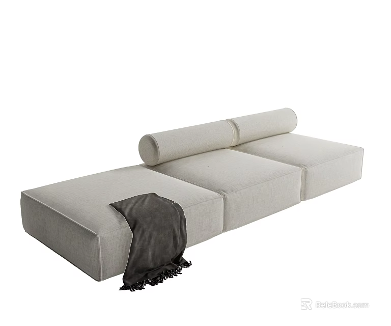 Modern Beige Sectional Sofa With Rolled Cushions And Cozy Throw Blanket 3d model