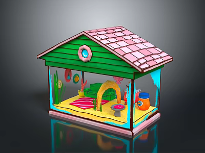 Small Colorful House with Green Exterior Pink Tiled Roof Transparent Windows and Playful Interior 3d model